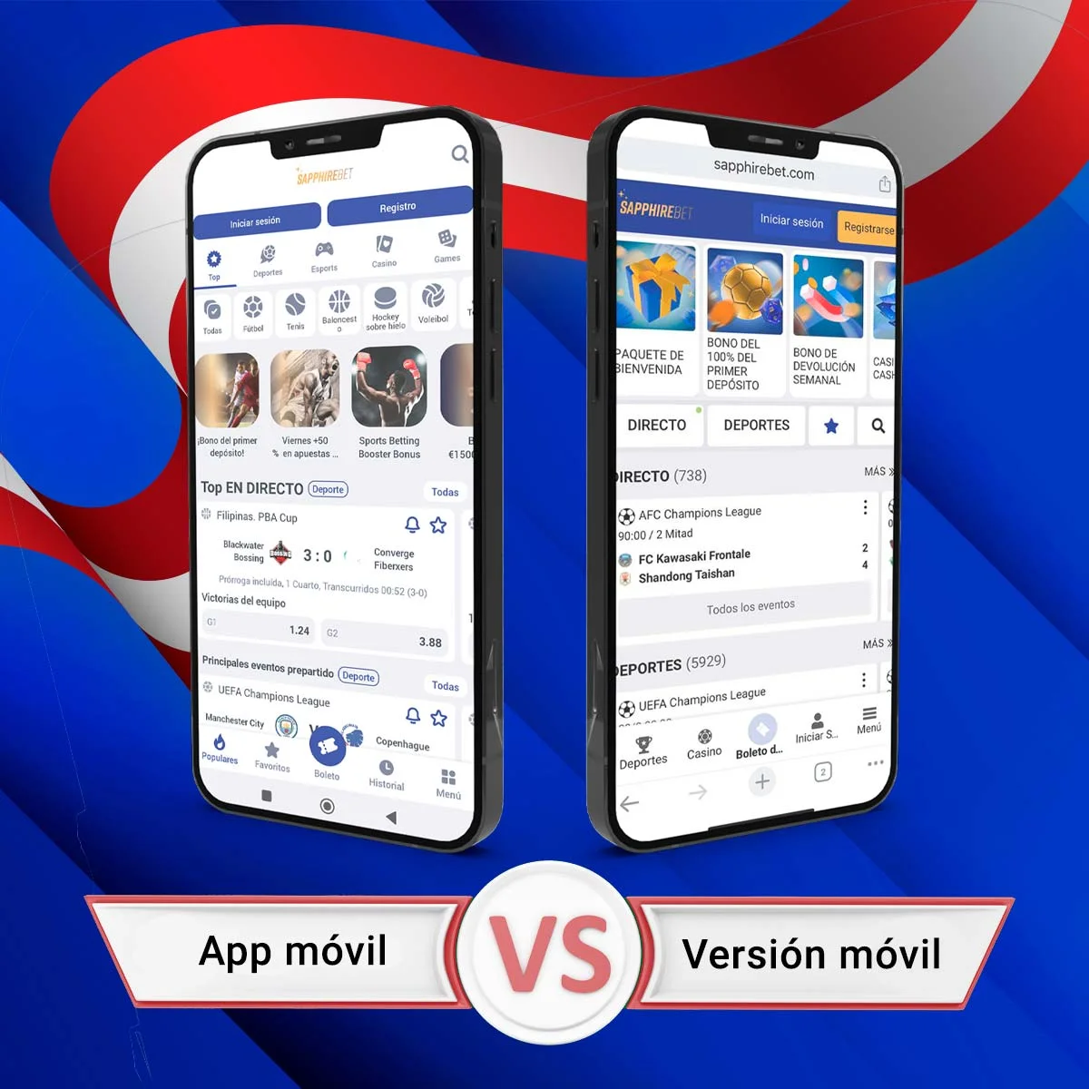 Comparación de las versiones móvil y web de Sapphirebet